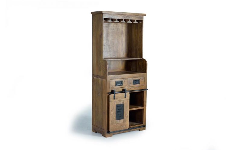MUEBLE BAR DE MADERA DE MANGO EN ESTILO INDUSTRIAL CON PUERTA CORREDERA Y DETALLES EN METAL GINER Y COLOMER
