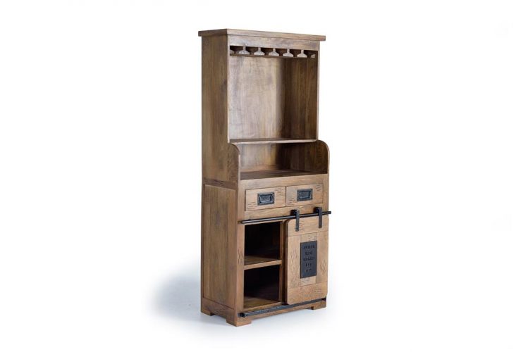 MUEBLE BAR DE MADERA DE MANGO EN ESTILO INDUSTRIAL CON PUERTA CORREDERA Y DETALLES EN METAL GINER Y COLOMER