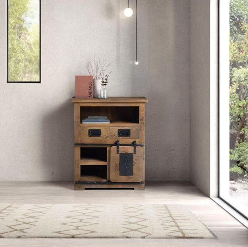 APARADOR EN MADERA DE MANGO DE ESTILO INDUSTRIAL CON 2 CAJONES, PUERTA CORREDERA Y DETALLES EN METAL GINER Y COLOMER