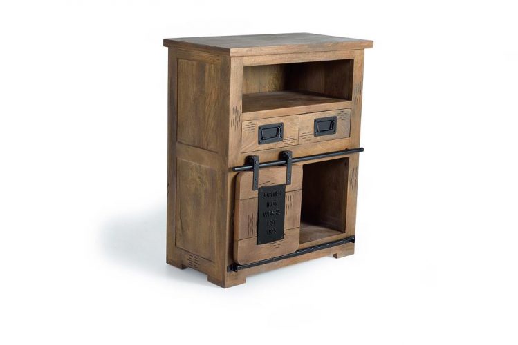 APARADOR EN MADERA DE MANGO DE ESTILO INDUSTRIAL CON 2 CAJONES, PUERTA CORREDERA Y DETALLES EN METAL GINER Y COLOMER