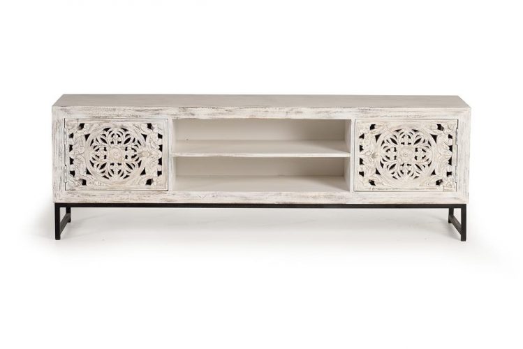MUEBLE TV EN MADERA DE MANGO TALLADO A MANO CON DOS PUERTAS, ESTANTE CENTRAL Y PATAS EN METAL GINER Y COLOMER