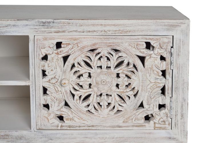 MUEBLE TV EN MADERA DE MANGO TALLADO A MANO CON DOS PUERTAS, ESTANTE CENTRAL Y PATAS EN METAL GINER Y COLOMER