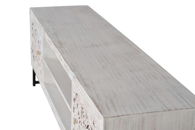MUEBLE TV EN MADERA DE MANGO TALLADO A MANO CON DOS PUERTAS, ESTANTE CENTRAL Y PATAS EN METAL GINER Y COLOMER