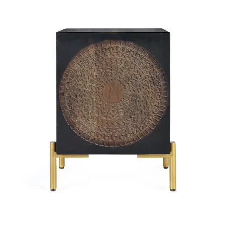 Mesita de noche París en madera de mango acabado nogal oscuro con puerta y patas de metal 43x40x60cm - Giner y Colomer - 1379GYC - foto-blanco