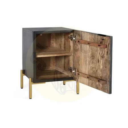 Mesita de noche París en madera de mango acabado nogal oscuro con puerta y patas de metal 43x40x60cm - Giner y Colomer - 1379GYC - foto-secundaria-2