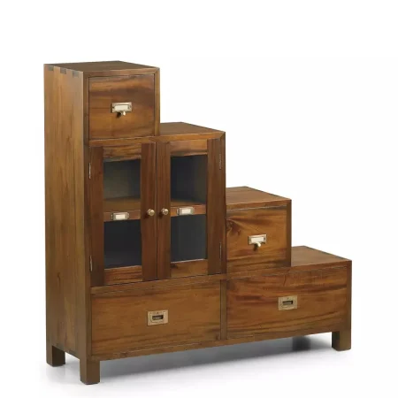 Mueble escalera en caoba maciza 4 cajones 2 puertas de cristal accesorios de bronce 100x32x100cm - Moycor - 143025IMYC - foto-blanco