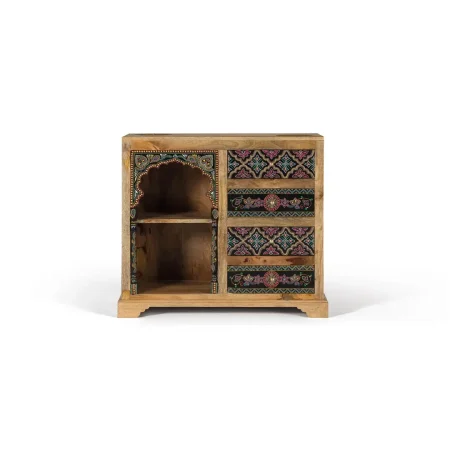 Mueble auxiliar Zyra en madera de mango acabado artesanal 4 cajones multicolor con detalles pintados a mano 90x35x79cm - Giner y Colomer - 1447GYC - foto-blanco