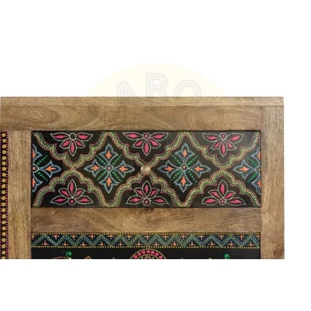 Mueble auxiliar Zyra en madera de mango acabado artesanal 4 cajones multicolor con detalles pintados a mano 90x35x79cm - Giner y Colomer - 1447GYC - foto-secundaria-2