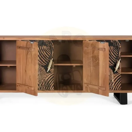 Aparador Tropicana madera maciza acacia patas metal natural y negro 6 puertas amplio almacenaje tacos antideslizantes estilo contemporáneo industrial 220x42x74cm - Giner y Colomer - 1506GYC - foto-secundaria-1