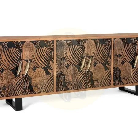 Aparador Tropicana madera maciza acacia patas metal natural y negro 6 puertas amplio almacenaje tacos antideslizantes estilo contemporáneo industrial 220x42x74cm - Giner y Colomer - 1506GYC - foto-secundaria-2