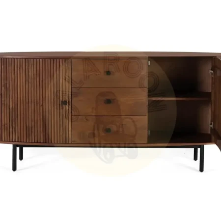 Aparador Ludhiana madera de acacia y metal color cerezo 2 puertas 3 cajones acabado natural nudos y vetas estilo contemporáneo industrial 180x48x75cm - Giner y Colomer - 1598GYC - foto-secundaria-1