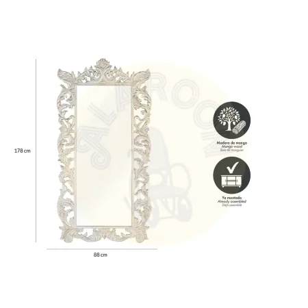 Espejo Brezo marco tallado en madera de mango acabado blanco envejecido con reflejos dorados 88x3.5x178cm - Giner y Colomer - 17326GYC - foto-secundaria-2