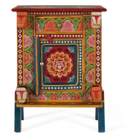 Mesita de noche Madurai madera maciza de mango multicolor étnica con puerta y cajón 43x44x60cm - Giner y Colomer - 2237GYC - foto-blanco