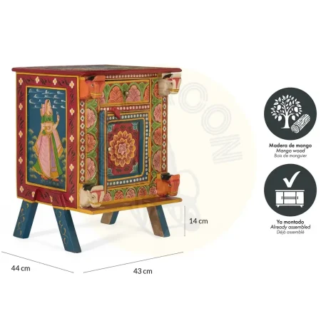 Mesita de noche Madurai madera maciza de mango multicolor étnica con puerta y cajón 43x44x60cm - Giner y Colomer - 2237GYC - foto-secundaria-5