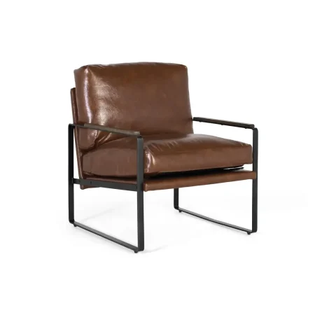 Sillón Serea estilo industrial contemporáneo tapizado en PU marrón envejecido estructura de hierro negra base trineo acolchado 70x80x86cm - Giner y Colomer - 2252GYC - foto-blanco