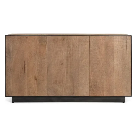 Aparador Babil en madera maciza de mango acabado natural 3 puertas con apertura push y baldas interiores perfil y zócalo metálico negro estilo contemporáneo 150x44x81cm - Giner y Colomer - 2260GYC - foto-blanco