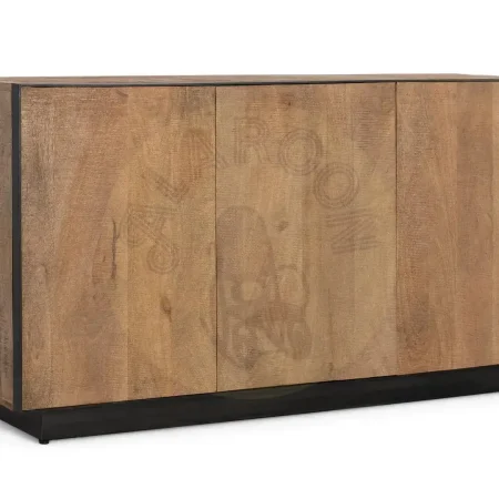 Aparador Babil en madera maciza de mango acabado natural 3 puertas con apertura push y baldas interiores perfil y zócalo metálico negro estilo contemporáneo 150x44x81cm - Giner y Colomer - 2260GYC - foto-secundaria-1