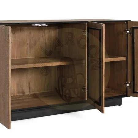 Aparador Babil en madera maciza de mango acabado natural 3 puertas con apertura push y baldas interiores perfil y zócalo metálico negro estilo contemporáneo 150x44x81cm - Giner y Colomer - 2260GYC - foto-secundaria-2