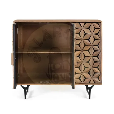 Aparador Mysore frente tallado a mano en patrón geométrico tridimensional en madera maciza de mango 3 puertas base de hierro negro mate 100x40x90cm - Giner y Colomer - 2272GYC - foto-secundaria-2