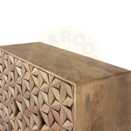 Aparador Mysore frente tallado a mano en patrón geométrico tridimensional en madera maciza de mango 3 puertas base de hierro negro mate 100x40x90cm - Giner y Colomer - 2272GYC - foto-secundaria-4