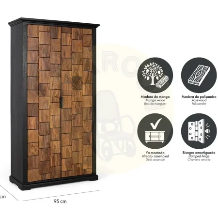 Armario Udaipur en madera de mango y palisandro tonos miel y negro 2 puertas cierre suave 3 estantes sistema antivuelco 95x40x175cm - Giner y Colomer - 2363GYC - foto-secundaria-5