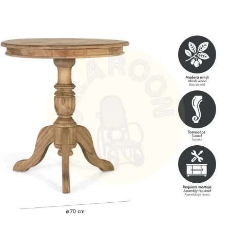 Mesa auxiliar Solstice redonda en madera de mindi color natural estilo colonial con acabado en barniz al agua mate versátil 70x70x77cm - Giner y Colomer - 2366GYC - foto-secundaria-4