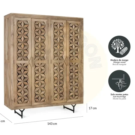 Armario Mysore en madera de mango estilo étnico con 4 puertas 6 estantes barra para colgar y sistema antivuelco vetas naturales 143x45x180cm - Giner y Colomer - 2373GYC - foto-secundaria-5