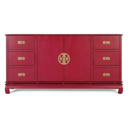 Aparador Basalto de madera de mango estilo oriental rojo carmín 6 cajones 2 puertas con estante interior y sistema antivuelco 180x40x90cm - Giner y Colomer - 2377GYC - foto-blanco
