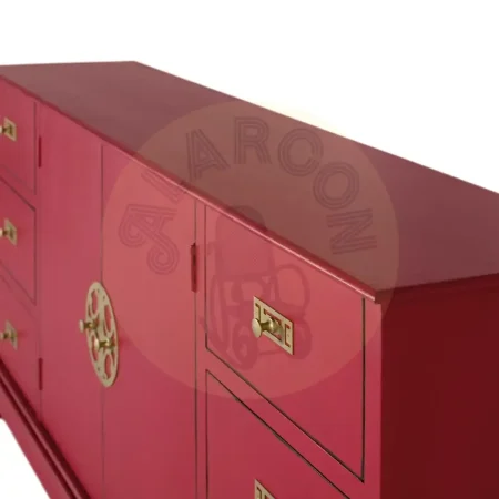 Aparador Basalto de madera de mango estilo oriental rojo carmín 6 cajones 2 puertas con estante interior y sistema antivuelco 180x40x90cm - Giner y Colomer - 2377GYC - foto-secundaria-1