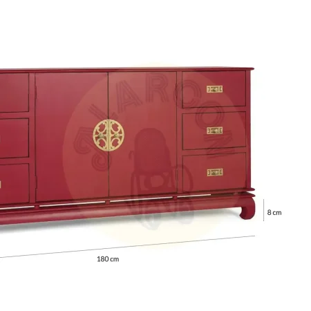 Aparador Basalto de madera de mango estilo oriental rojo carmín 6 cajones 2 puertas con estante interior y sistema antivuelco 180x40x90cm - Giner y Colomer - 2377GYC - foto-secundaria-5