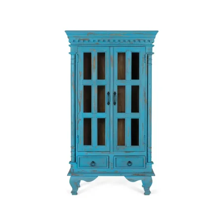Vitrina Atrium en madera de mango estilo rústico vintage con 2 puertas con bisagras de piano 2 estantes y 2 cajones con guías de madera acabado artesano con vetas y nudos naturales 90x40x160cm - Giner y Colomer - 2379GYC - foto-blanco