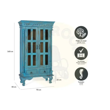 Vitrina Atrium en madera de mango estilo rústico vintage con 2 puertas con bisagras de piano 2 estantes y 2 cajones con guías de madera acabado artesano con vetas y nudos naturales 90x40x160cm - Giner y Colomer - 2379GYC - foto-secundaria-5