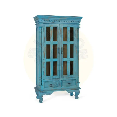 Vitrina Atrium en madera de mango estilo rústico vintage con 2 puertas con bisagras de piano 2 estantes y 2 cajones con guías de madera acabado artesano con vetas y nudos naturales 90x40x160cm - Giner y Colomer - 2379GYC - foto-secundaria-7