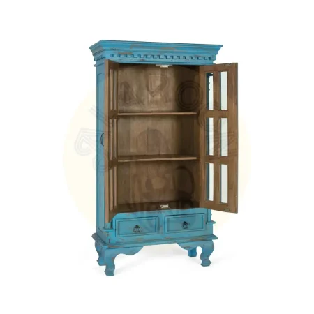 Vitrina Atrium en madera de mango estilo rústico vintage con 2 puertas con bisagras de piano 2 estantes y 2 cajones con guías de madera acabado artesano con vetas y nudos naturales 90x40x160cm - Giner y Colomer - 2379GYC - foto-secundaria-8