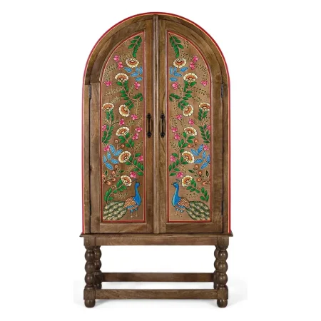 Armario Silex madera de mango con arco superior estilo étnico acabado marrón oscuro con detalles multicolor puertas con bisagras de piano y estantes interiores 83x40x160cm - Giner y Colomer - 2380GYC - foto-blanco