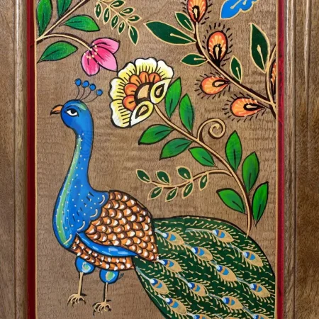 Armario Silex madera de mango con arco superior estilo étnico acabado marrón oscuro con detalles multicolor puertas con bisagras de piano y estantes interiores 83x40x160cm - Giner y Colomer - 2380GYC - foto-secundaria-4