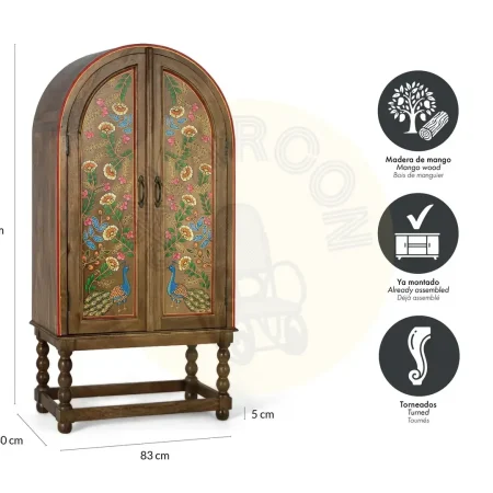 Armario Silex madera de mango con arco superior estilo étnico acabado marrón oscuro con detalles multicolor puertas con bisagras de piano y estantes interiores 83x40x160cm - Giner y Colomer - 2380GYC - foto-secundaria-5