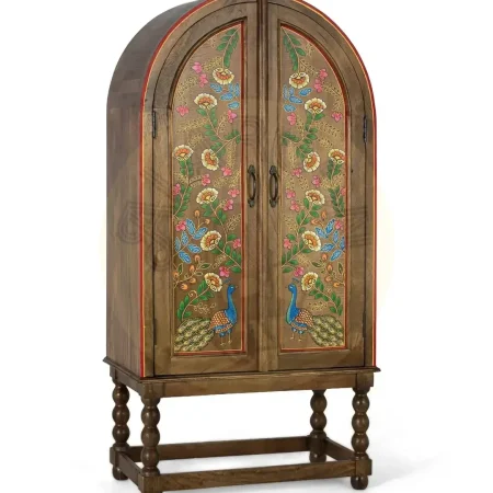 Armario Silex madera de mango con arco superior estilo étnico acabado marrón oscuro con detalles multicolor puertas con bisagras de piano y estantes interiores 83x40x160cm - Giner y Colomer - 2380GYC - foto-secundaria-7