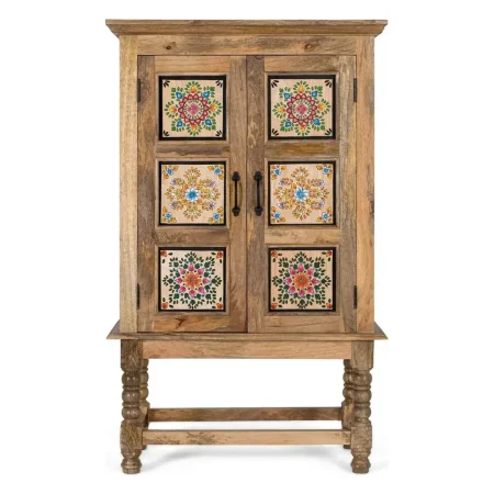 Armario Duna de madera de mango estilo étnico colonial acabado natural mate con decoraciones multicolor dos puertas y estante patas elevadas 82x40x134cm - Giner y Colomer - 2381GYC - foto-blanco