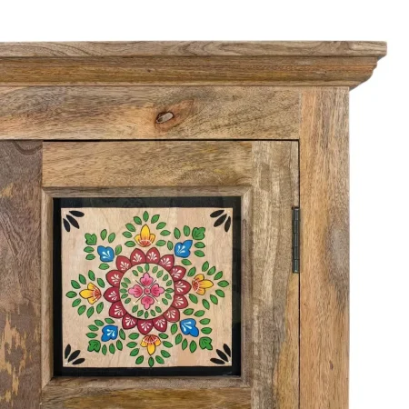 Armario Duna de madera de mango estilo étnico colonial acabado natural mate con decoraciones multicolor dos puertas y estante patas elevadas 82x40x134cm - Giner y Colomer - 2381GYC - foto-secundaria-1