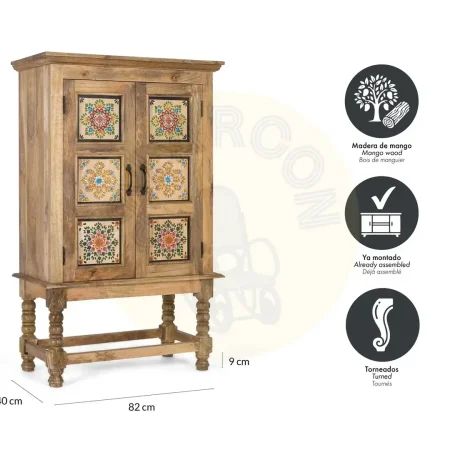 Armario Duna de madera de mango estilo étnico colonial acabado natural mate con decoraciones multicolor dos puertas y estante patas elevadas 82x40x134cm - Giner y Colomer - 2381GYC - foto-secundaria-5