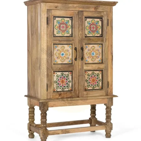 Armario Duna de madera de mango estilo étnico colonial acabado natural mate con decoraciones multicolor dos puertas y estante patas elevadas 82x40x134cm - Giner y Colomer - 2381GYC - foto-secundaria-7