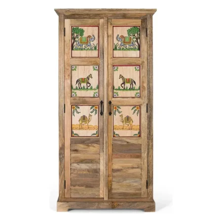 Armario Noreva madera de mango estilo étnico colonial acabado natural mate decoración multicolor dos puertas con estantes 92x40x180cm - Giner y Colomer - 2382GYC - foto-blanco