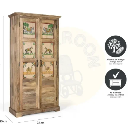 Armario Noreva madera de mango estilo étnico colonial acabado natural mate decoración multicolor dos puertas con estantes 92x40x180cm - Giner y Colomer - 2382GYC - foto-secundaria-5