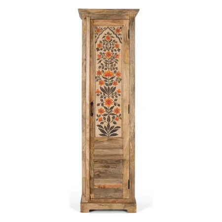 Armario Elaro en madera de mango estilo étnico colonial acabado natural mate estrecho vertical con puerta y estantes 55x40x180cm - Giner y Colomer - 2383GYC - foto-blanco