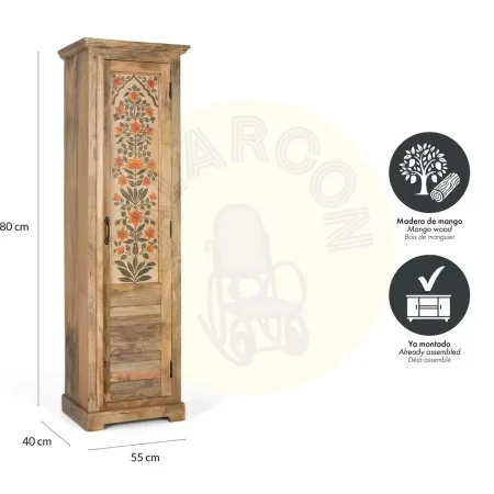 Armario Elaro en madera de mango estilo étnico colonial acabado natural mate estrecho vertical con puerta y estantes 55x40x180cm - Giner y Colomer - 2383GYC - foto-secundaria-5