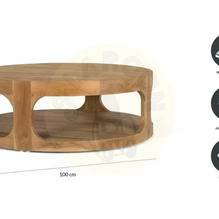 Mesa de centro Pistoia redonda en teca natural acabado mate con balda inferior 100x100x35cm - Giner y Colomer - 2392GYC - foto-secundaria-3