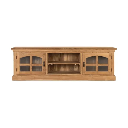 Mueble de TV Pistoia de teca con detalles de cristal 2 puertas y estante interior 180x35x56cm - Giner y Colomer - 2395GYC - foto-blanco