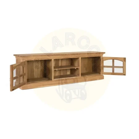 Mueble de TV Pistoia de teca con detalles de cristal 2 puertas y estante interior 180x35x56cm - Giner y Colomer - 2395GYC - foto-secundaria-1