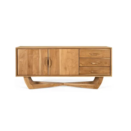 Mueble de TV Nova en teca natural 2 puertas y 3 cajones amplio almacenamiento diseño contemporáneo patas elevadas 150x40x66cm - Giner y Colomer - 2396GYC - foto-blanco